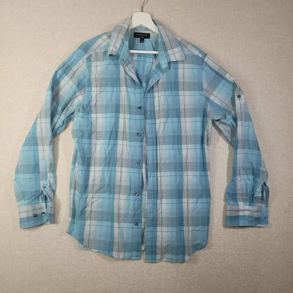 Stylish Banana Republic Blue Plaid Button-Up Shirt